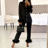 Wear Women Soft Feather Home Suit Button Up Top Slim Pants Two Piece Set 2022 Casual Pajama Elegant Lady Homewear