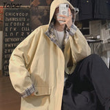 Jackets Women Hooded Harajuku Patchwork Plaid Coats Couple BF High Street Cargo Jacket Female Baggy All-match Ins