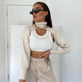Casual Turtleneck Crop Top Sweater Women Smocked Solid Vintage Knitted Jumpers Ladies Fashion Long Sleeve