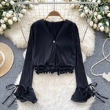 Shirt Women Spring And Autumn New Three-Dimensional Lotus Edge V Collar Folded Horns Short Top