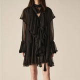 Loose Black Two Piece Set Women V Neck Long Sleeve Mini Dress With Sheer Mesh Shirts Solid Sets Female Clothing