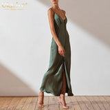 Sexy V-Neck Strap Satin Midi Dresses Fashion Sleeveless Backless Women'S Dress Vintage Solid Buttons Party Robe
