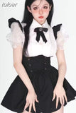 Skirt Suit Korean Two Piece Set for Women Ruffles White Puff Sleeve Shirt Tunic Bandgae Strap Skirts Outfits Y2k
