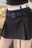 Preppy Pleated Mini Skirt for Women Korean Style Summer Patchwork High Waist Casual Belt A-line Skirt Shorts