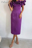 Temperament Slim Dress Women Slash Neck Short Sleeve High Waist Spliced Ruffles Solid Midi Dresses Female Summer