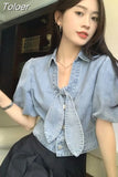 Blouse Women Blusas De Mujer 2023 Chic Short Sleeve Bandage Bow Denim Shirt Y2k Crop Tops Summer Casual Vintage