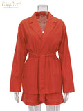 Fashion Crop Top Long Sleeve Shirts 3 Piece Sets Womens Outifits Autumn Orange Shorts Set Elegant Loose Suit With