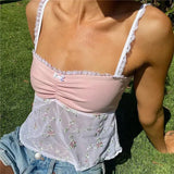 Grunge y2k Tops Women Floral Lace Patchwork Spaghetti Strap Sleeveless Tanks Sweet Kawaii Clothes 2000s