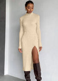 Basic High Neck Split Long Sleeve Midi