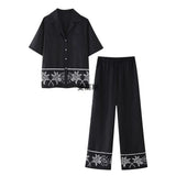 Summer New Women's Collar Short-Sleeved Embroidered Shirt Tight High-Rise Straight Trouser Set High-Waist