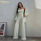 Fashion Beige Pleated 3 Piece Sets Womens Outifits Elegant Lapel Long Sleeve Blouse + Tank Top With Wide Leg Pants