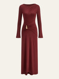New Women's Fashion Temperament Wine Red Dress Metal Accessories