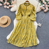 Autumn Vintage Women Lace Party Dress Elegant Round Neck Lantern Sleeve High Waist A-Line Vestidos Red/White/Black Robe New