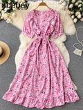 Ruffles Boho 2022 O Neck Summer floral print long split Dress Party Women high waist dress beach holiday tunic