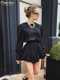 Fashion Black Elegant Dresses For Women Bodycon O-Neck Lantern Sleeve Mini Dress Lady Streetwear Vintage Pleated