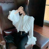 Temperament Tops Fashion White Blouses for Women Chic Flare Sleeve Pointed Collar Shirts Vintage Elegant Blusas De