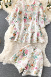 Flower Embroidery Lace Suit Set Women Batwing Sleeve Hollow Out Shirt Top+Wide Leg Shorts Runway Summer 2 Piece