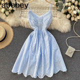 Summer New Sweet Strap Dress Hollow Out Embroidery Waving Backless Women Holiday Beach Dress Chic Fashion