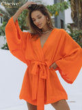 Sexy V-Neck Orange Mini Dress Lady Casual Lace-Up Long Sleeve Vintage Dress Elegant Loose Rayon Dresses For Women