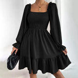 Celmia Elegant Women Ruffled Sundress 2022 Puff Long Sleeve Sexy Square Collar Mini Dress Casual Solid Pleated Party