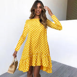 Women Spring Dress Fashion Polka Dot Print Ladies Casual Clothing Long Sleeve Mini Short Loose Yellow Dresses 2020