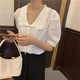 Embroidery Oversize Women Blouses Summer Tops Femme Casual Womens Shirt Short Sleeve Cotton Girls Blouse Plus Size