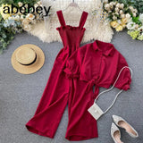 Two Pieces Set Women Loose Short Sunscreen Jacket + Suspending Rompers Clothing Female Casual Holidays