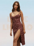 party Ditsy Floral Ruched Bust Knot Front Split Thigh Cami Dress Womens Summer Print Street Style Sleeveless Dress Robe