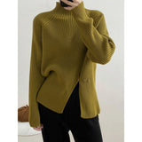 Women's Roll Collar Mock Slit Hems Striped Pit Relax Fit Sweater Winter Solid Color Pulls Casual