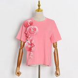 Patchwork Ruffle T-shirts For Female O Neck Short Sleeve High Waist Loose Solid Color Women's Casual T-shirt