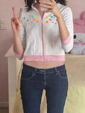 Kawaii Hoodie Pink Patchwork Zipper Floral Print Hooded Sweatshirt Sweet Zipper Jacket White Y2K Cardigan Women