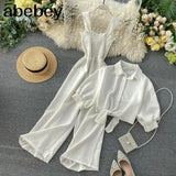 Two Pieces Set Women Loose Short Sunscreen Jacket + Suspending Rompers Clothing Female Casual Holidays
