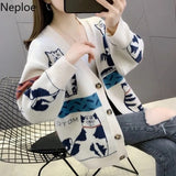 Fall 2023 Women's Sweater Clothing Fashion Cat Animal Cardigan Woman Oversized Tops Korean Knit Sweaters Coat Pull