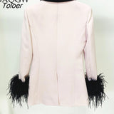 Women's Luxury Blazer New Notched Slim Single Button Long Sleeve Feather Patchwork Suit Jackets Female Autum