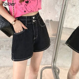 Women Shorts Side-slit Empire Retro Design Straight Denim Trousers Button Summer High Quality All-match Ulzzang Fashion