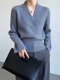 Women's Cross V-neck Wrap Knit Sweater Short Elastic Waist Long Sleeve
