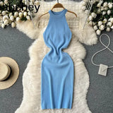 Style Knit Women Dress 2022 Summer Retro Vacation Elegant Ladies Slim A Line Sexy Solid Temperament
