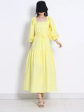 White Backless Dress For Women Square Collar Puff Sleeve High Waist Lace Up Midi Dresses Female Fashion Clothes
