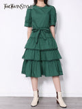 Casual Patchwork Scalloped Womens Dress Round Neck Short Sleeve High Waist Lace Up Dresses Female Fashion New