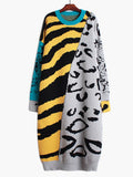 Women Leopard Big Size Long Knitting Dress New Round Neck Long Sleeve Loose Fit Fashion Tide Autumn Winter 2022