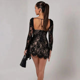 Black Long Sleeve Lace Bodycon Drape Mini Dress-Outfit