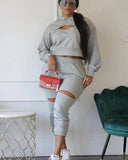Plain Keyhole Long Sleeve Hoodie And Long Pants
