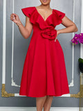 Women's V-Necked Leaf-Side Three-Dimensional Flower Dress Evening Dress Party