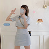 New Tweed Sets 2 Piece Set Women Skirt Suit Fashion Sexy Short Sleeve Single-Breasted Crop Top + Mini Skirt Sets