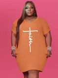 Print Round Neck Short Sleeves Plus Size Shirt
