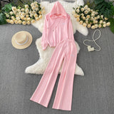 Wind Pink Tie With Thin Hooded Knitted Long-Sleeved Sweater High-Rise Broad Leggings Embroidery