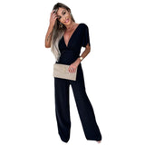 Jumpsuit Sexy Slim High Waist Short Sleeves Ruffle V-neck Pleated Wide Leg Overalls Women Jumpsuits One Piece