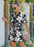 Printed Casual Turn-down Collar Short Sleeves Floral Print Belted Loose
