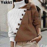 Sweater Women One Shoulder Knitted Long Sleeve Button Pullover Jumper Autumn Winter Streetwear Casual Jumper