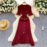 Retro Style High-End Knitted Dress Women's Summer Lotus Side Single Buckle Design Temperament Luxury